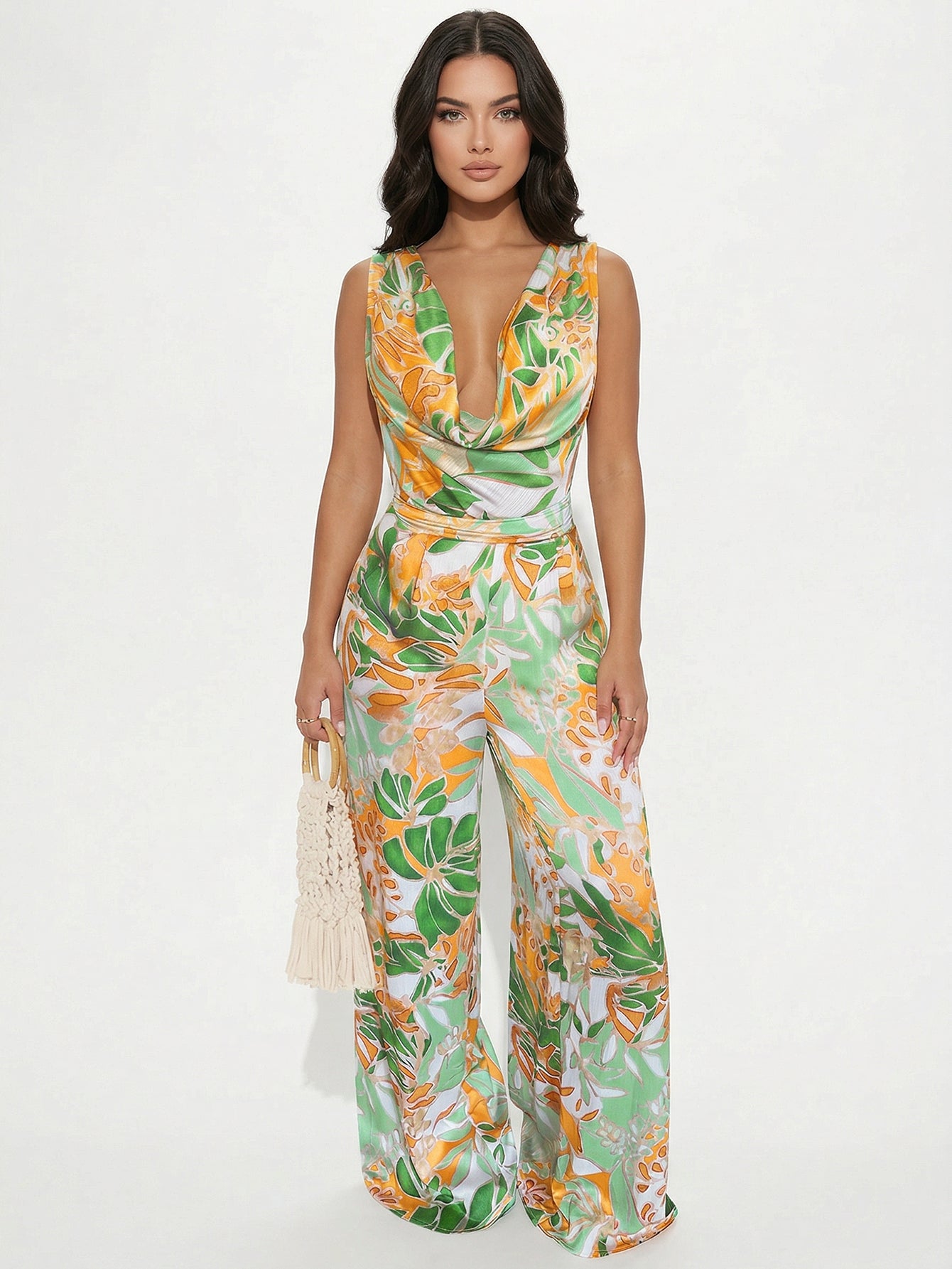 Deep V Neck Floral Print Elegant Jumpsuit