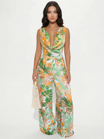 Deep V Neck Floral Print Elegant Jumpsuit