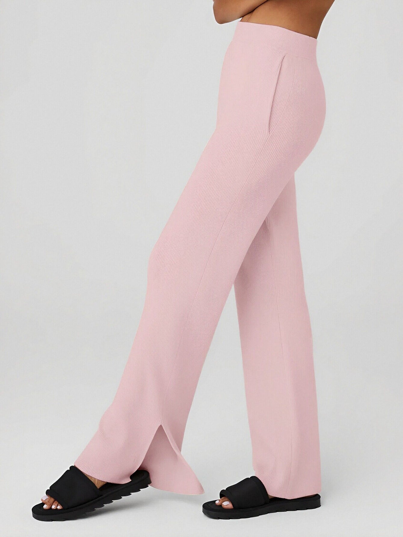 High-Waisted Side-Slit Pocket Knit Wide-Leg Pants