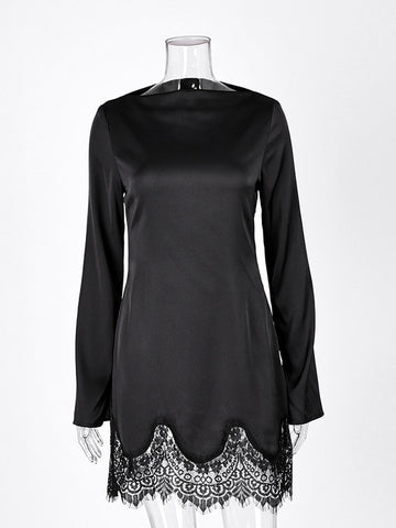 Elegant Lace Trim Satin Dress