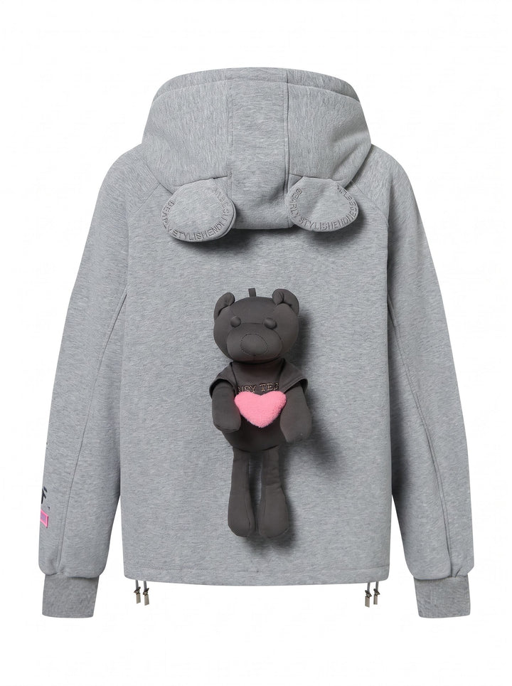 Oversized Graphic Bear Zip Up Hooded Jacket