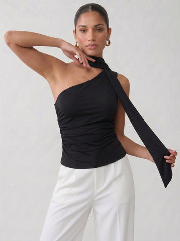 Ruched One Shoulder Scarf Tank Top