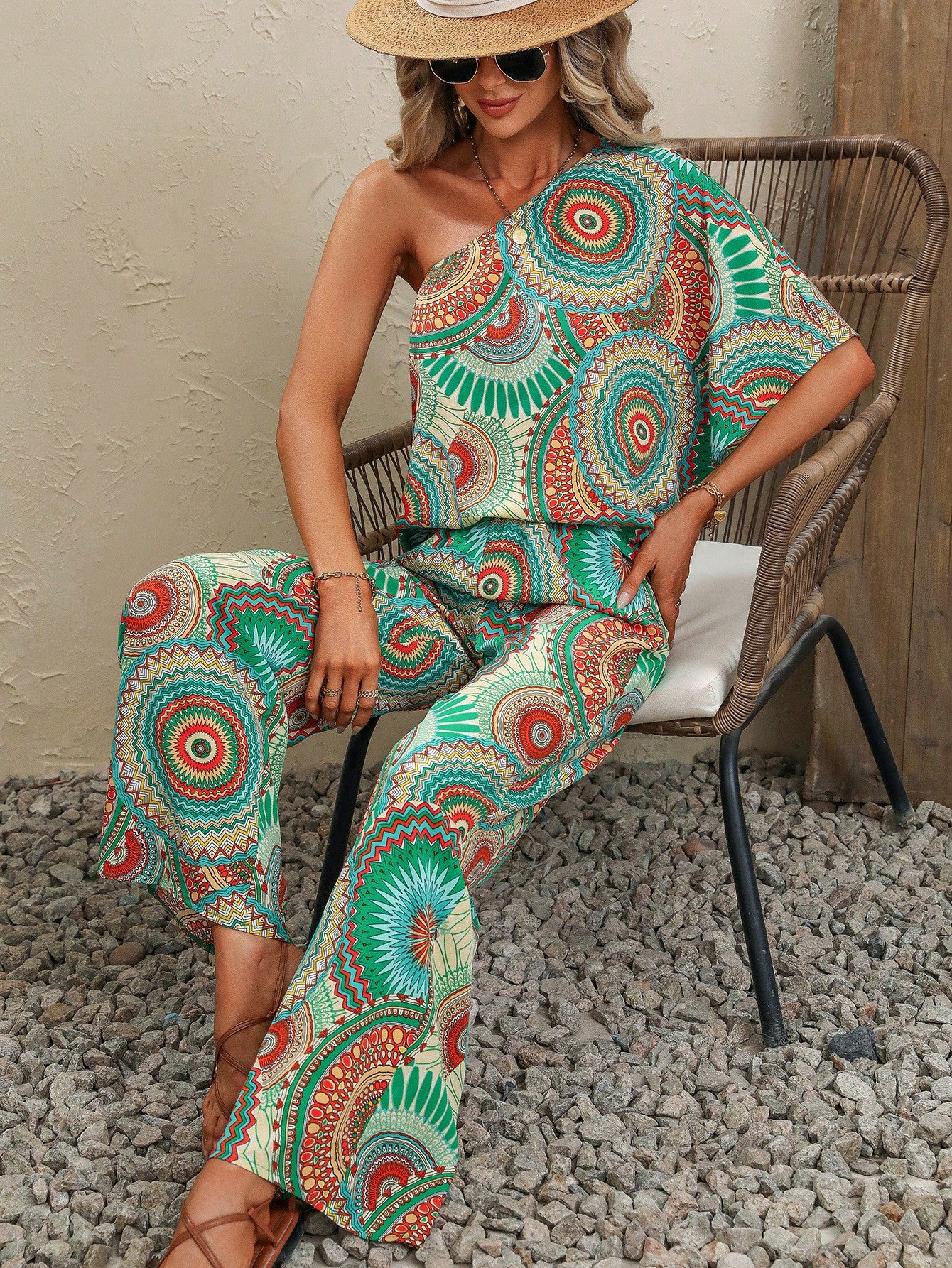 Boho Print One Shoulder Pants Set