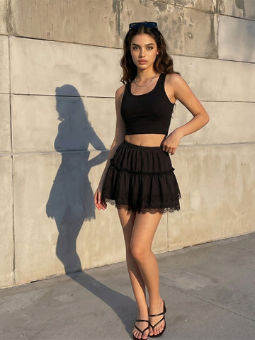 Leopard Print Lace Trim Mini Skirt