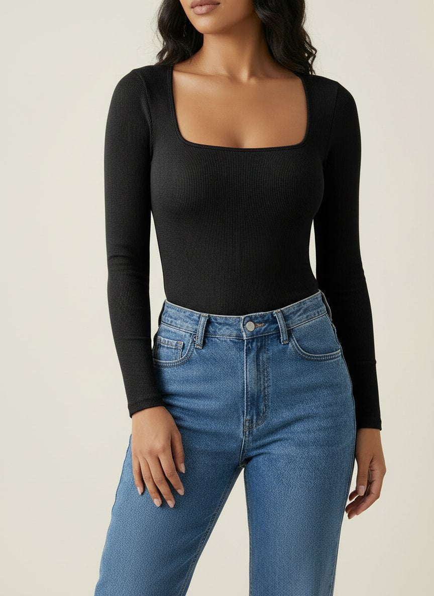 Square-Neck Long Sleeves Fitted Sexy Romper-White