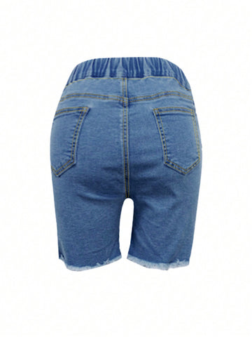 Drawstring-Waist Ripped Casual Denim Shorts-Black