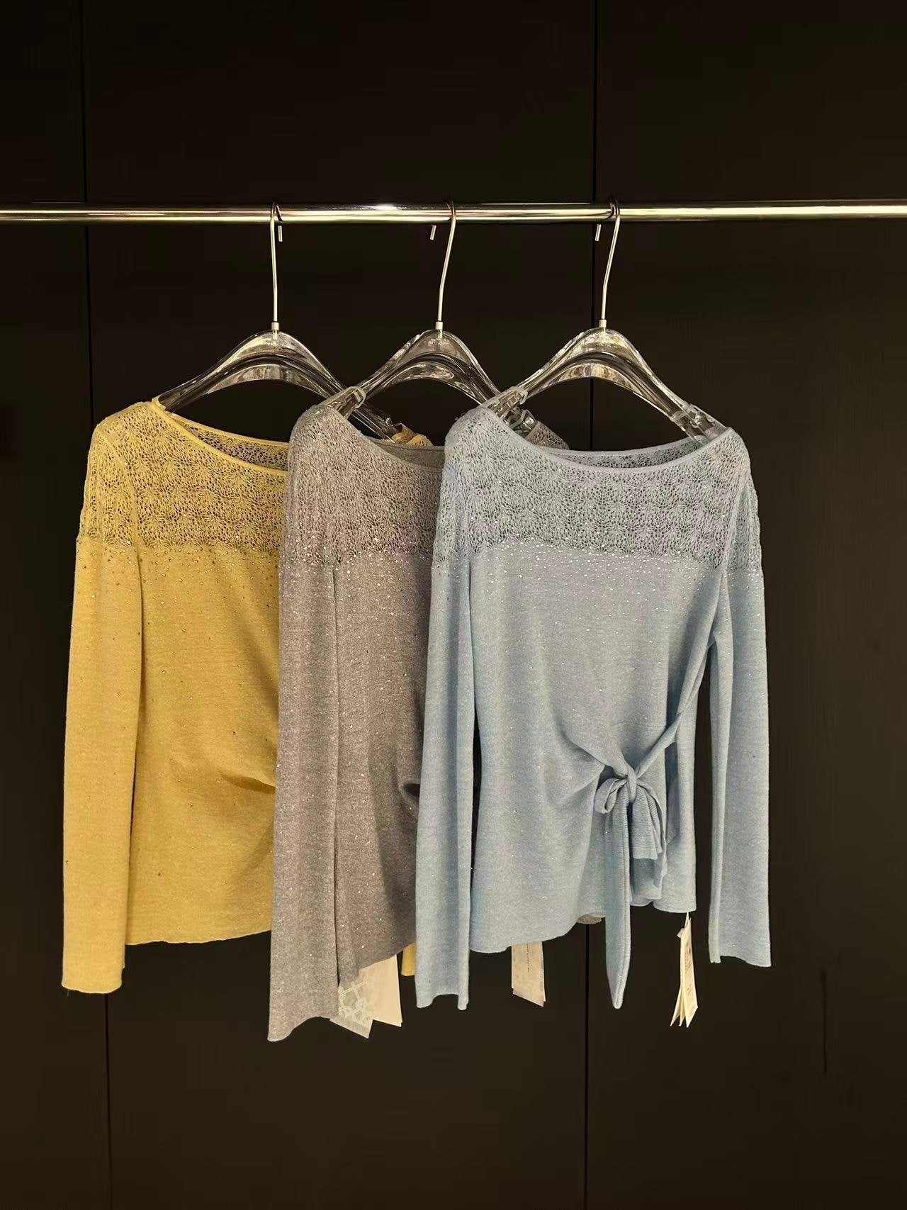 Shimmer Lace Trim Tie Waist Sweater