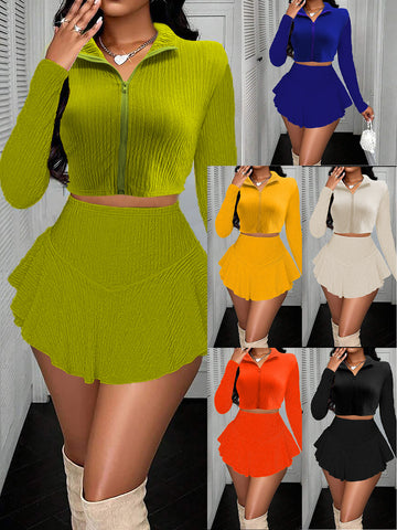 Ribbed Zip Up Skirt Set