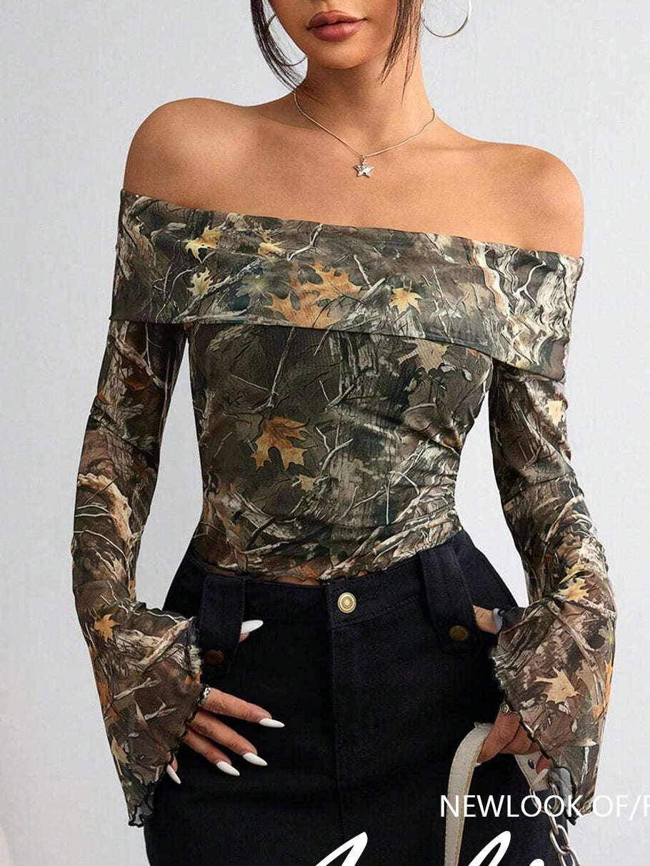 Camo Off Shoulder Long Sleeve Tee