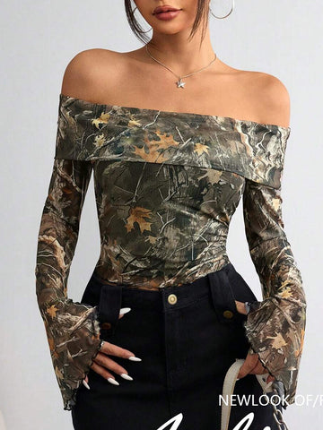 Camo Off Shoulder Long Sleeve Tee