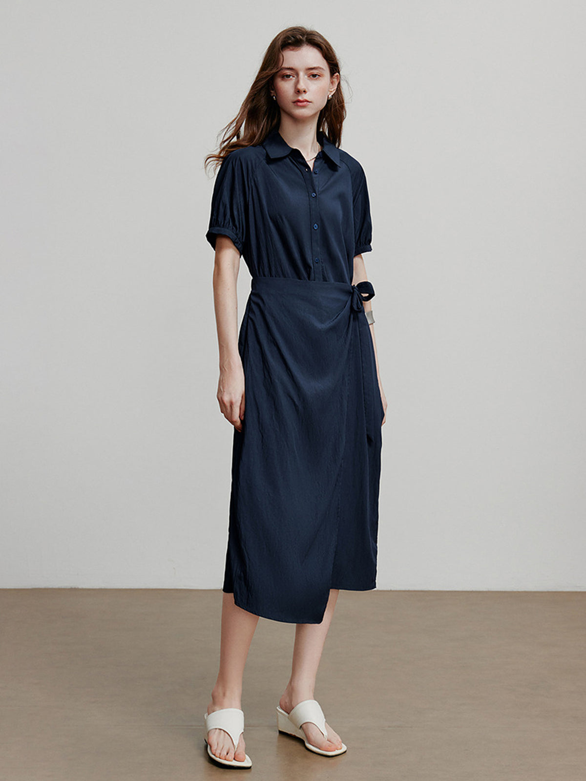 Wrap Waist Short Sleeve Midi Dress