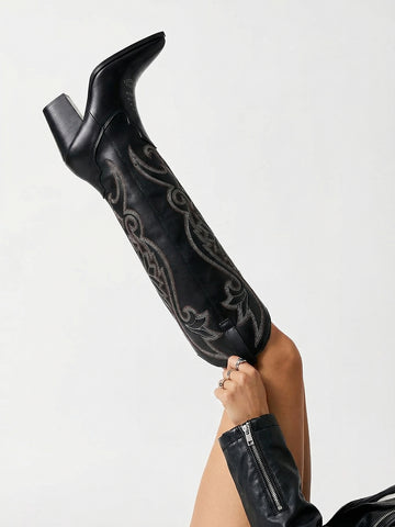 Embroidered Pointed-Toe Block-Heel Elegant Cowboy Boots