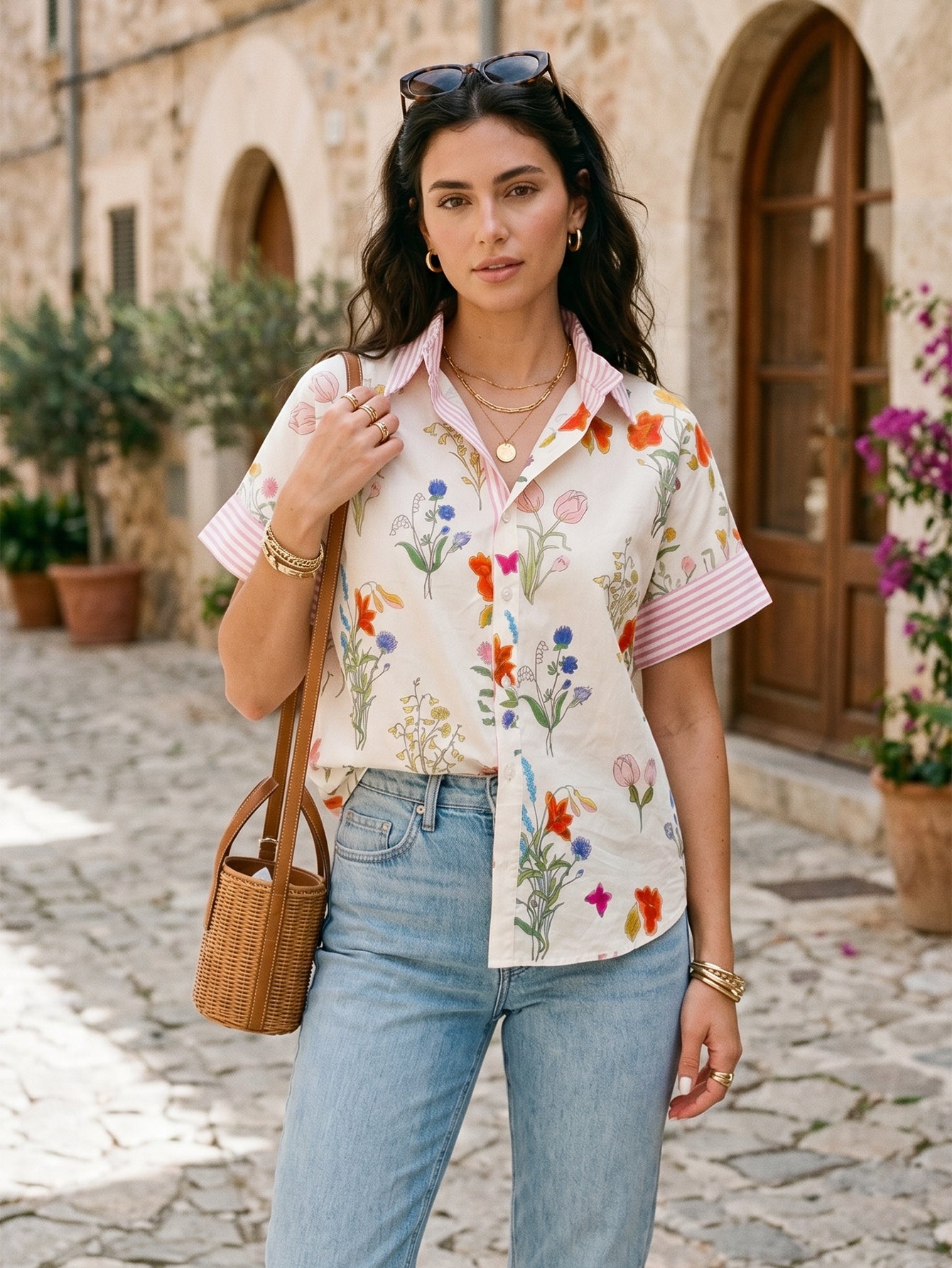 Floral Striped Short Sleeve Button Shirt