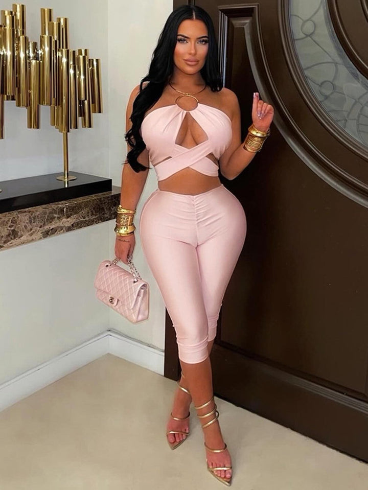 Sexy Crisscross Ruched Pants Set