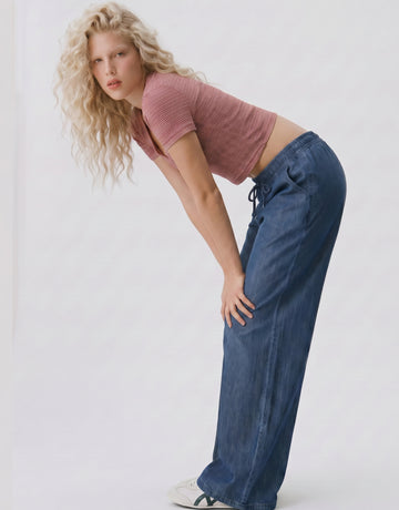 Comfy Drawstring Wide Leg Denim Pants