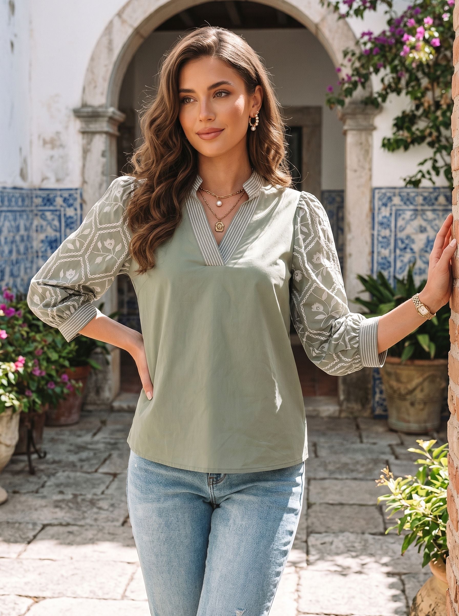 Embroidered Puff Sleeve V Neck Blouse
