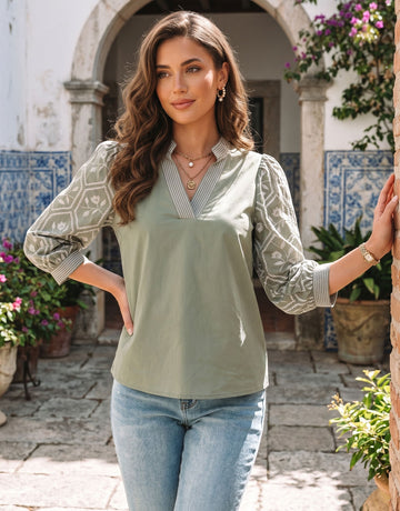 Embroidered Puff Sleeve V Neck Blouse