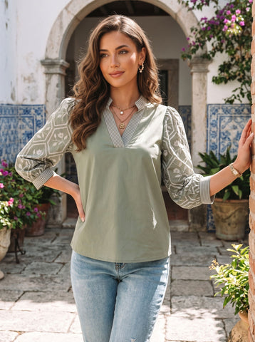 Embroidered Puff Sleeve V Neck Blouse