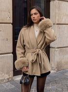 Faux Fur Trim Belted Wool Coat