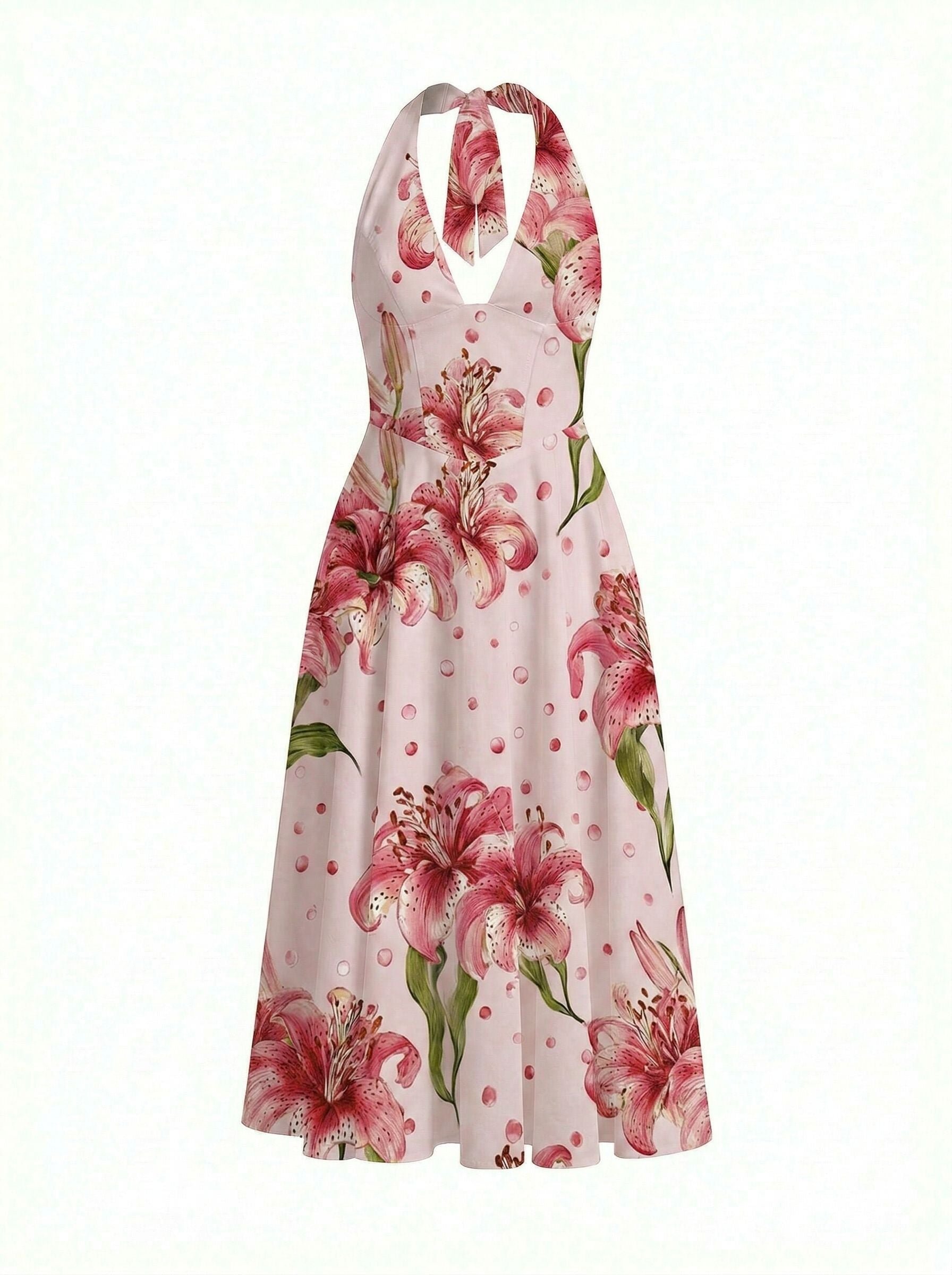 Floral Print Halter Neck Tie Back Midi Dress