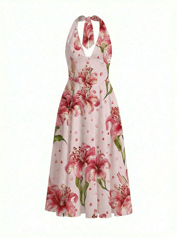 Floral Print Halter Neck Tie Back Midi Dress