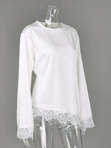 Elegant Lace Trim Satin Blouse