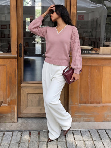 Textured V Neck Knit Sweater