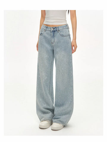 Sparkly Rhinestone High Waisted Wide Leg Jeans