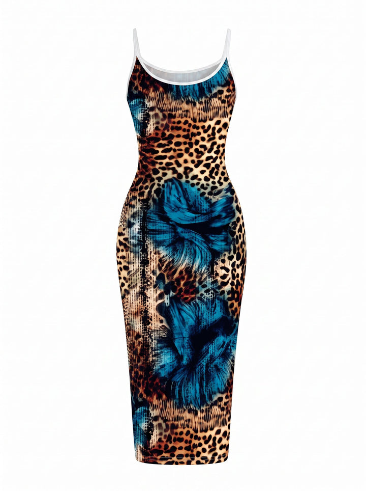 CAPRI Leopard and Blue Floral Print Sleeveless Bodycon Midi Dress