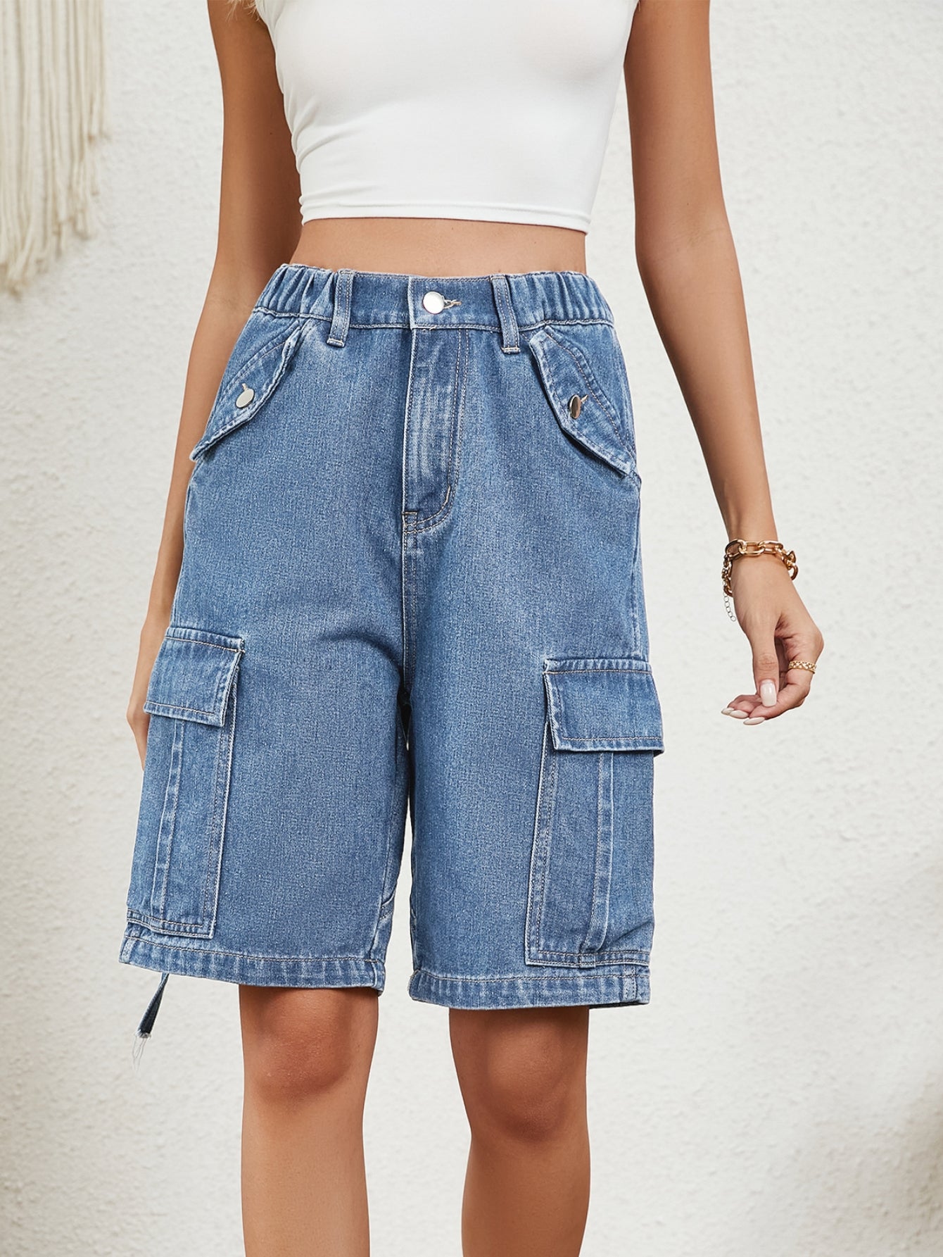 High Waisted Utility Denim Shorts
