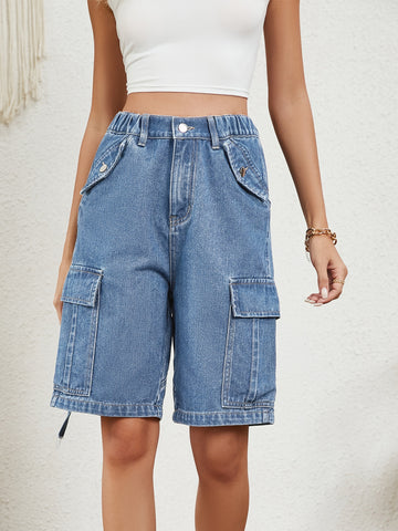 High Waisted Utility Denim Shorts