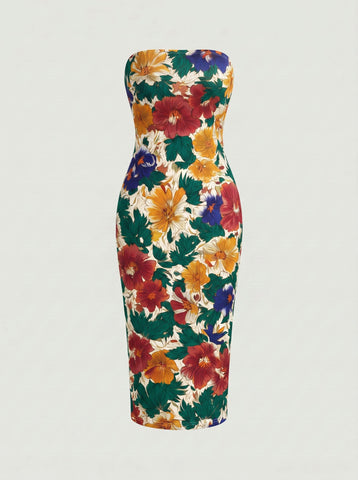 MAIA Floral Print Strapless Sheath Midi Dress