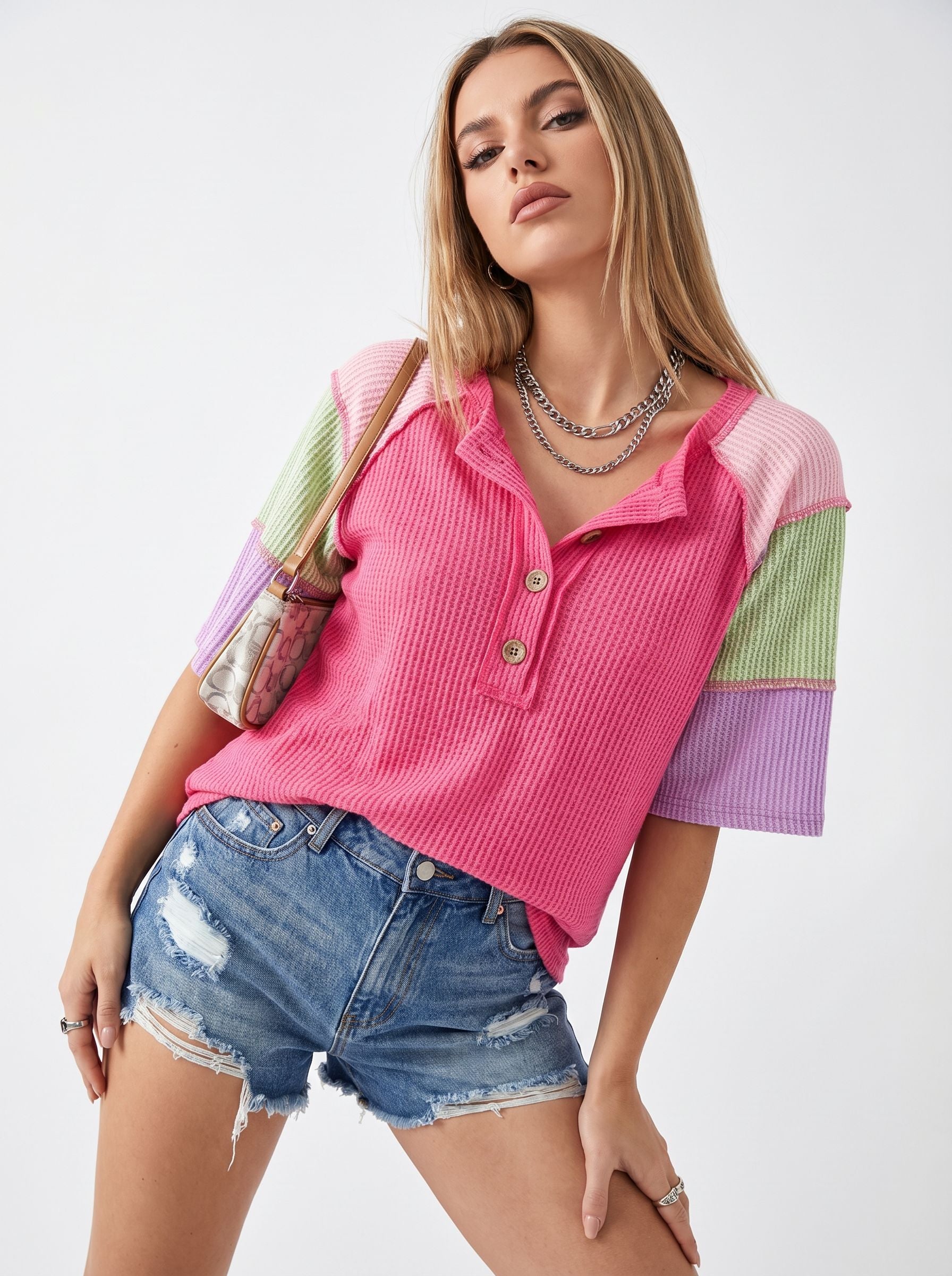 Color Blocked Button Up T-Shirt