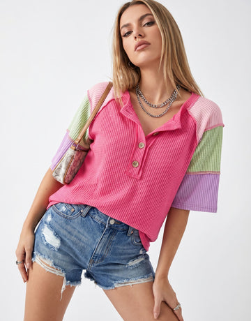 Color Blocked Button Up T-Shirt