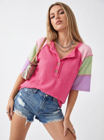Color Blocked Button Up T-Shirt