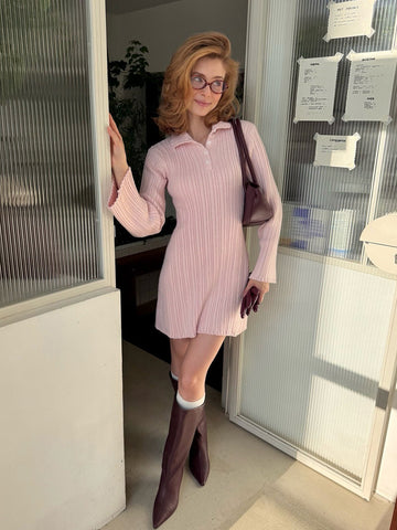 Ribbed Collared Long Sleeve Sweater Dress