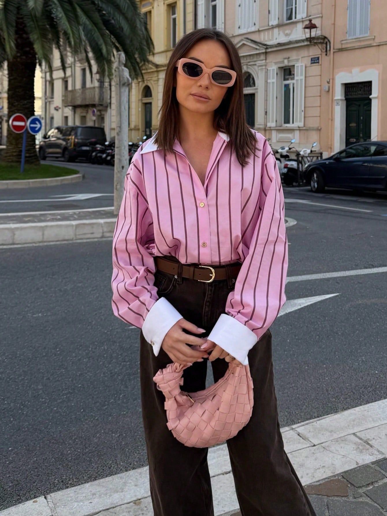 Oversized Striped Contrast Collar Button Down Shirt