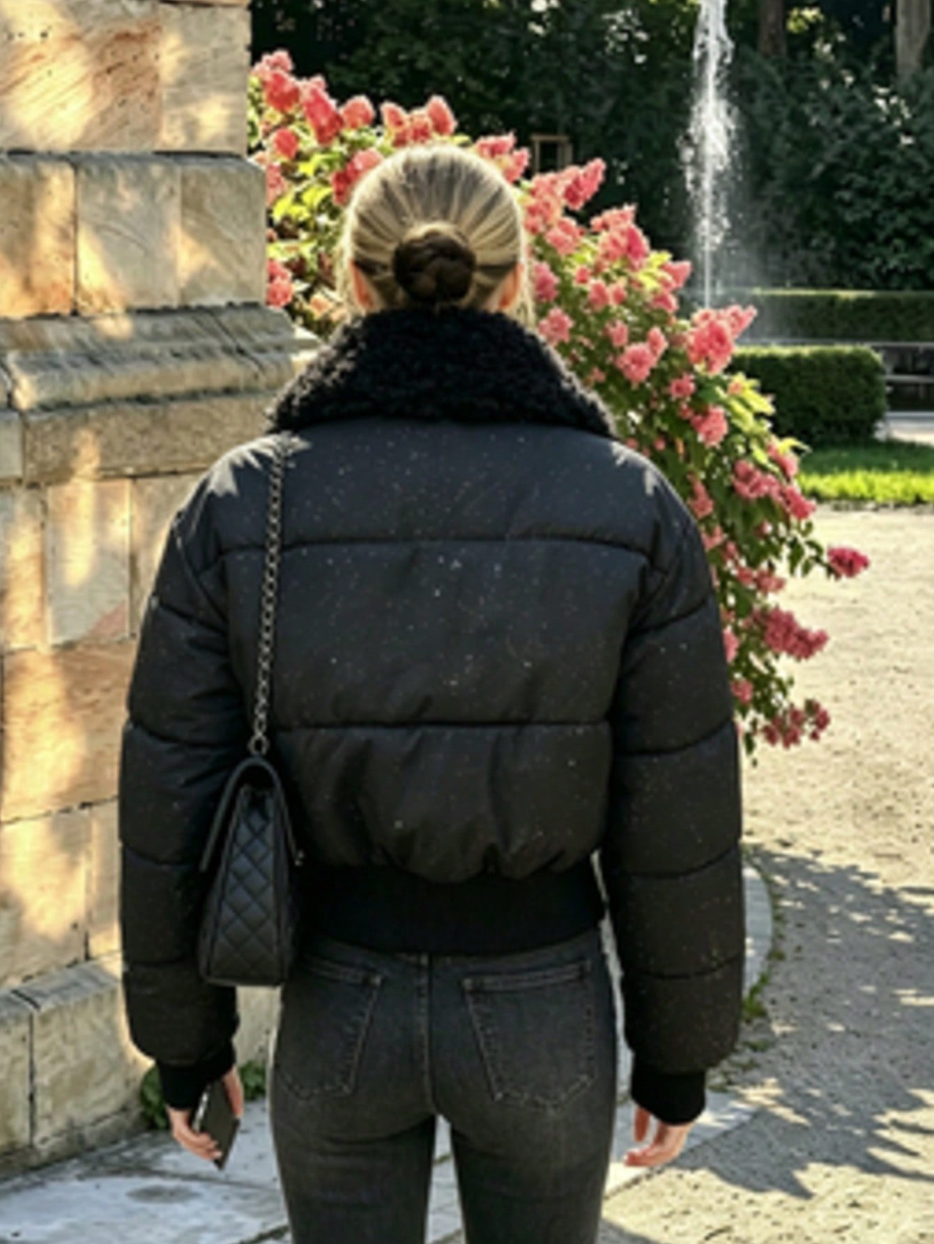 Shimmer Fleece Collar Cropped Puffer Jacket