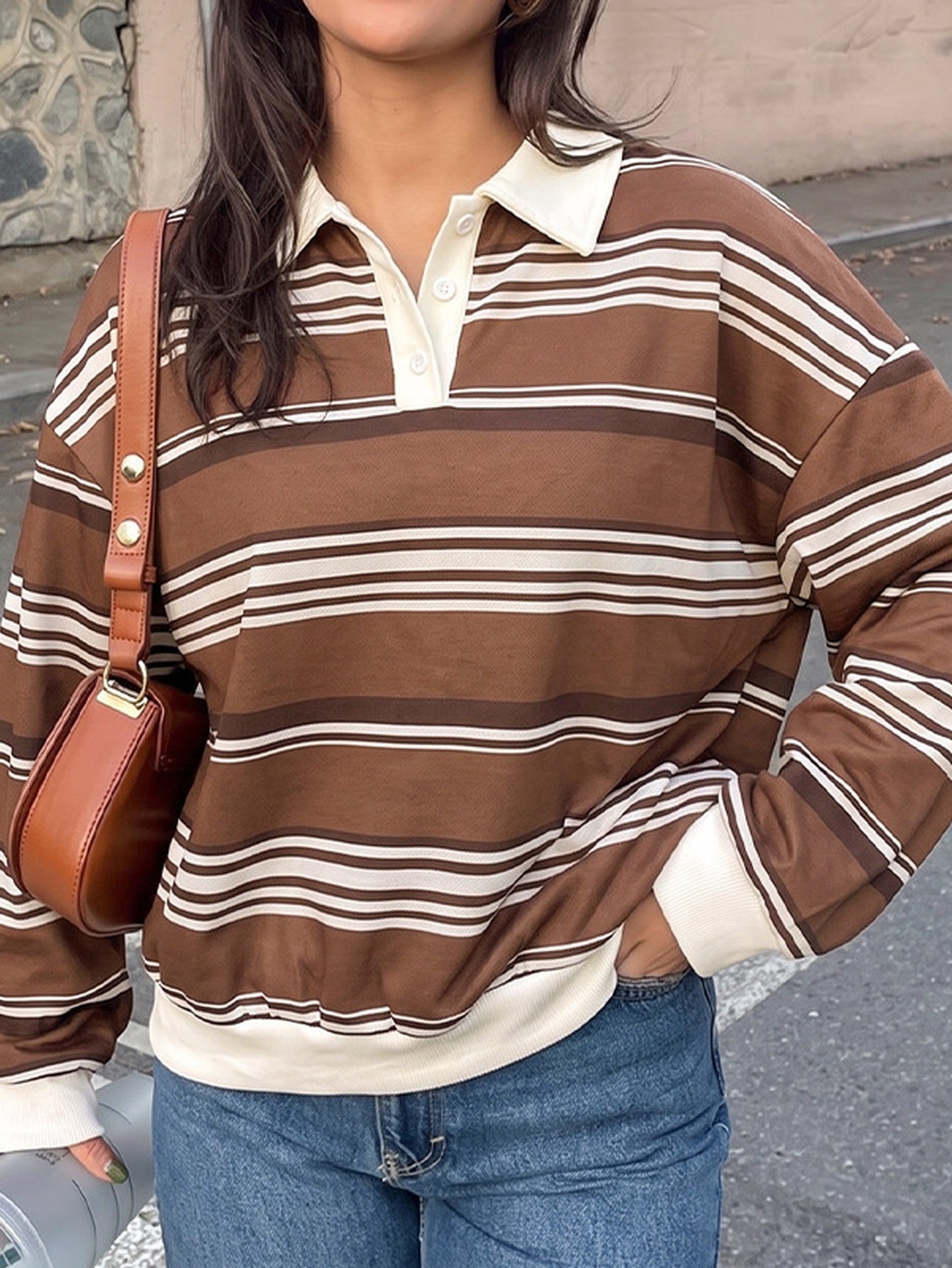 Striped Collared Button Up Sweatshirt