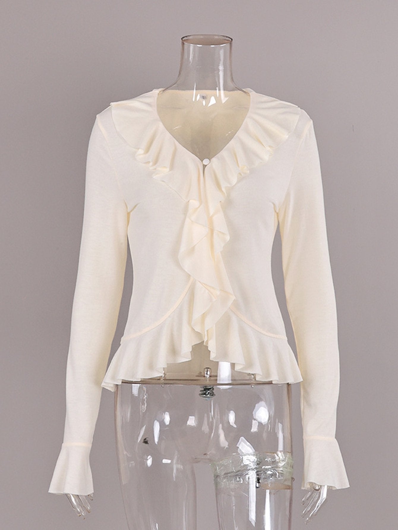 Ruffled V Neck Long Sleeve Pullover