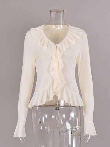 Ruffled V Neck Long Sleeve Pullover