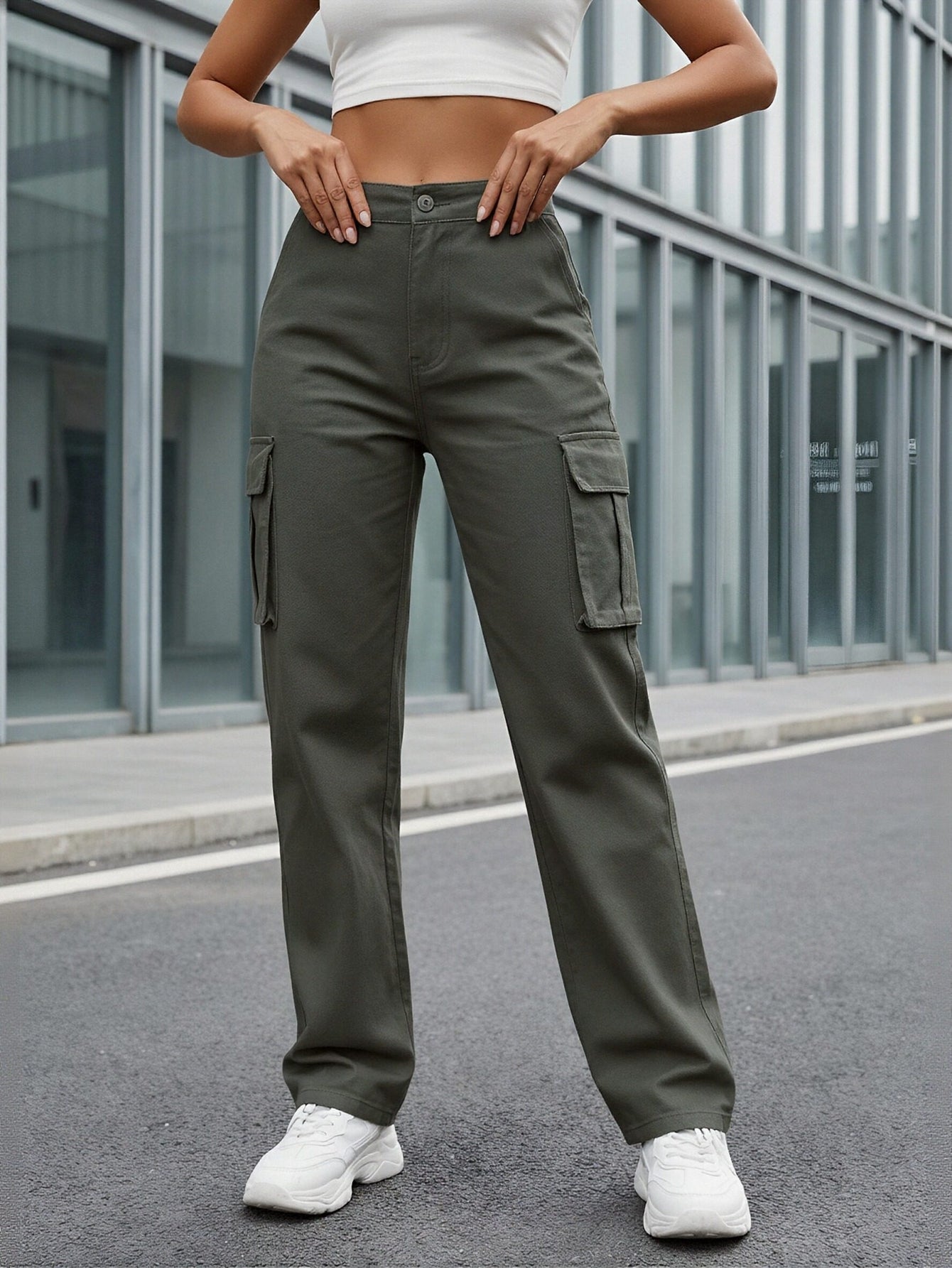 High-Waisted Multi-Pocket Cuff Utility Pants-Gray