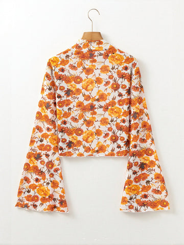 Floral Mesh Mock Neck Crop Top