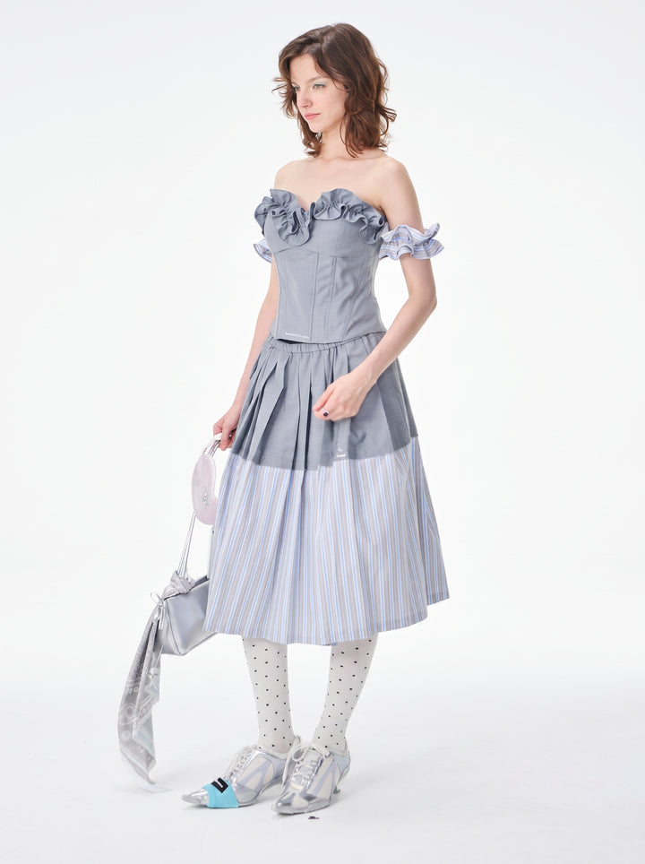 Colorblock Striped Pleated Midi Skirt