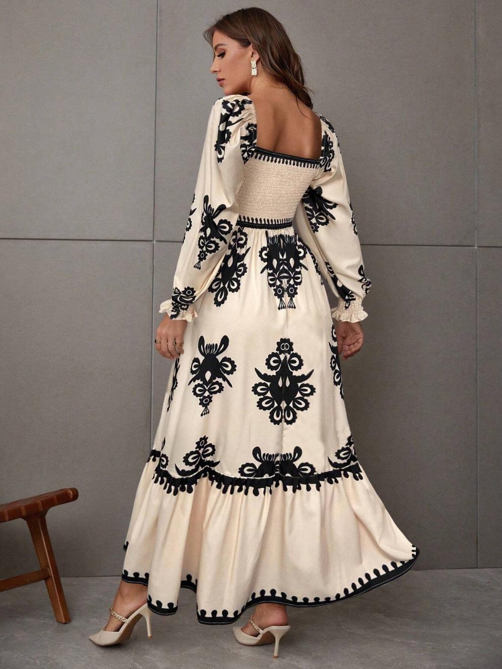 Embroidered Smocked Square Neck Maxi Dress