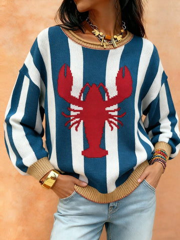 Oversized Striped Lobster Graphic Sweater