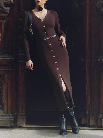 Elegant Button Down Ribbed Knit Dress