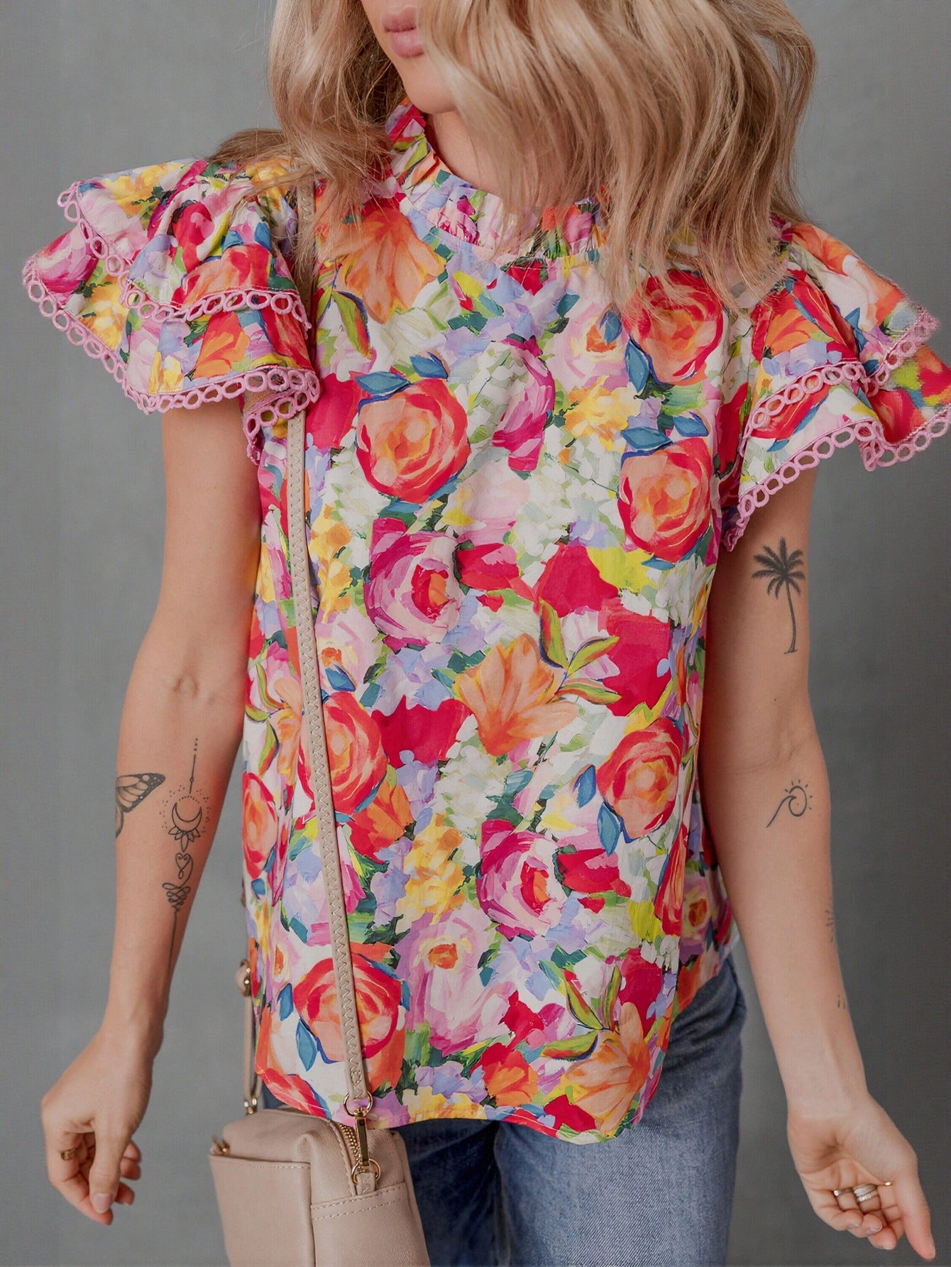 Floral Ruffle Sleeve Chiffon Blouse