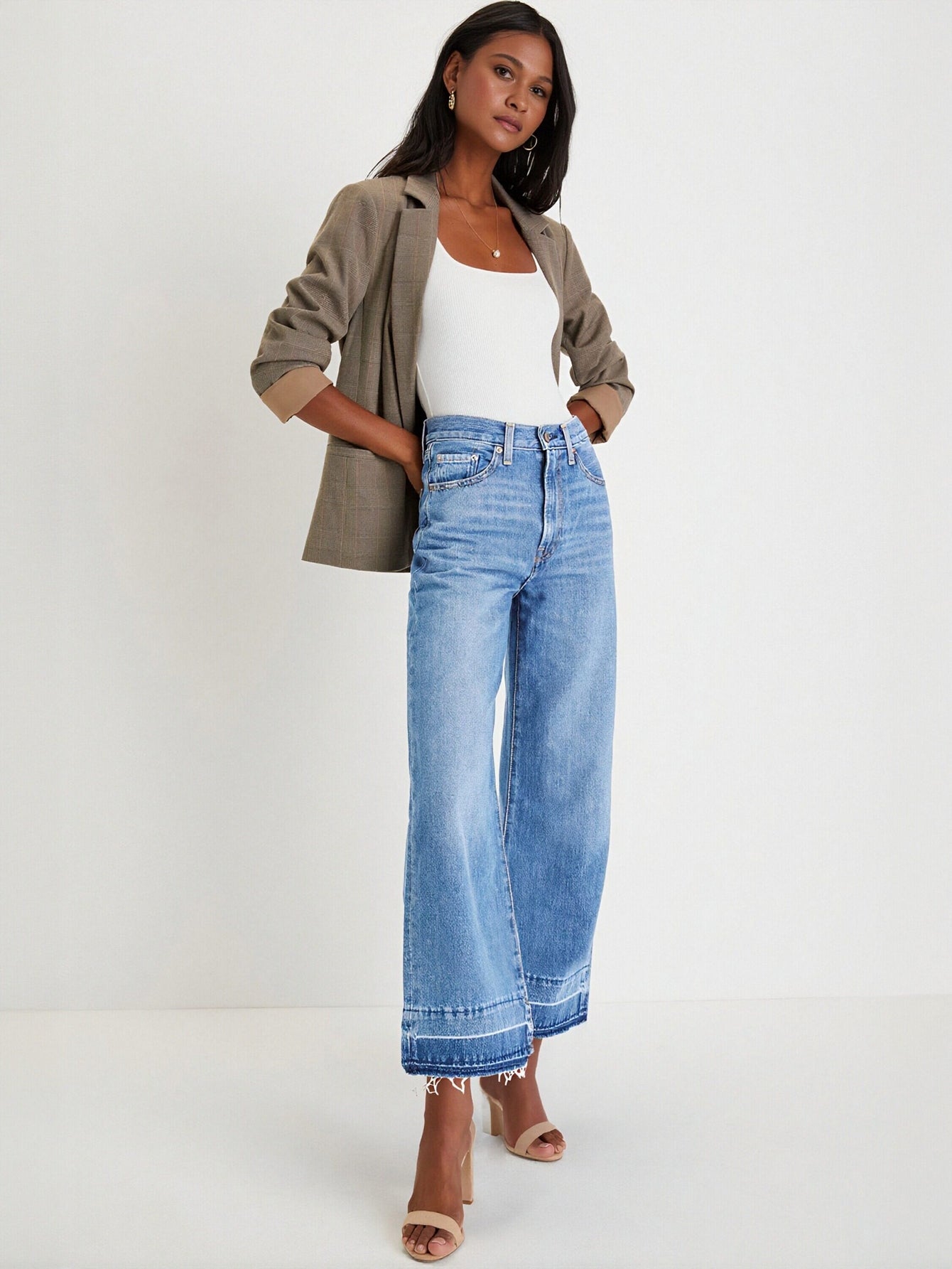 High Rise Raw Hem Wide Leg Jeans
