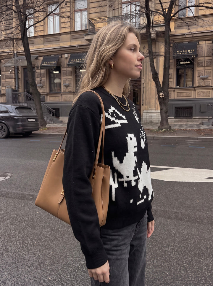Retro 8-Bit Dino Print Oversized Black Knit Sweater